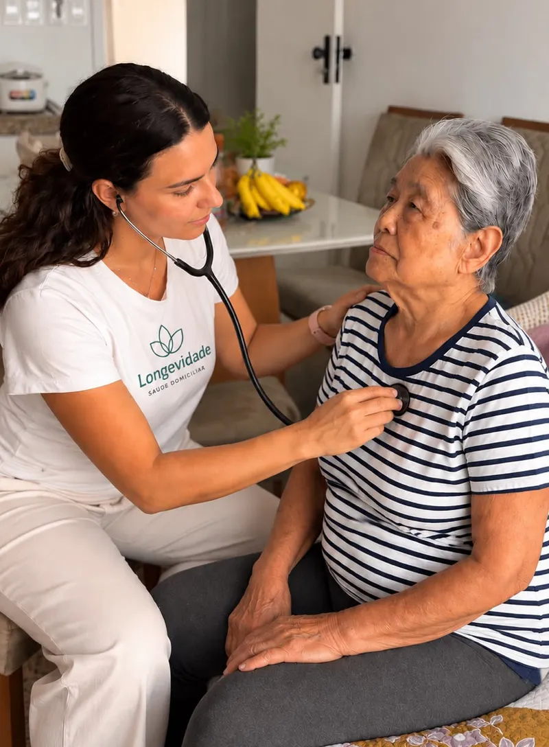 Fisioterapeuta auscultando com estetoscópio uma senhora sentada na sala de casa.