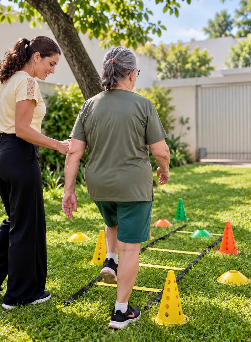 Fisioterapeuta acompanhando uma senhora em treino de agilidade com escada e cones no jardim.