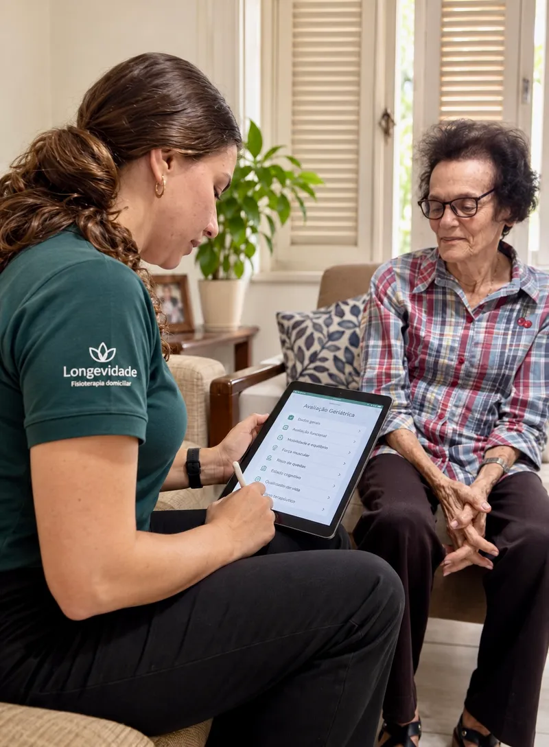 Fisioterapeuta registrando uma avaliação geriátrica em um tablet ao lado de uma senhora.