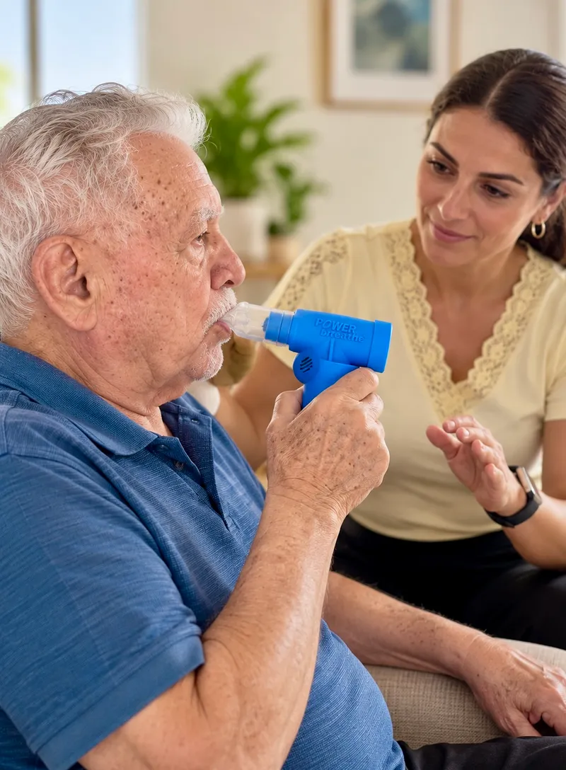 Senhor realizando exercício respiratório com um dispositivo, acompanhado pela fisioterapeuta.