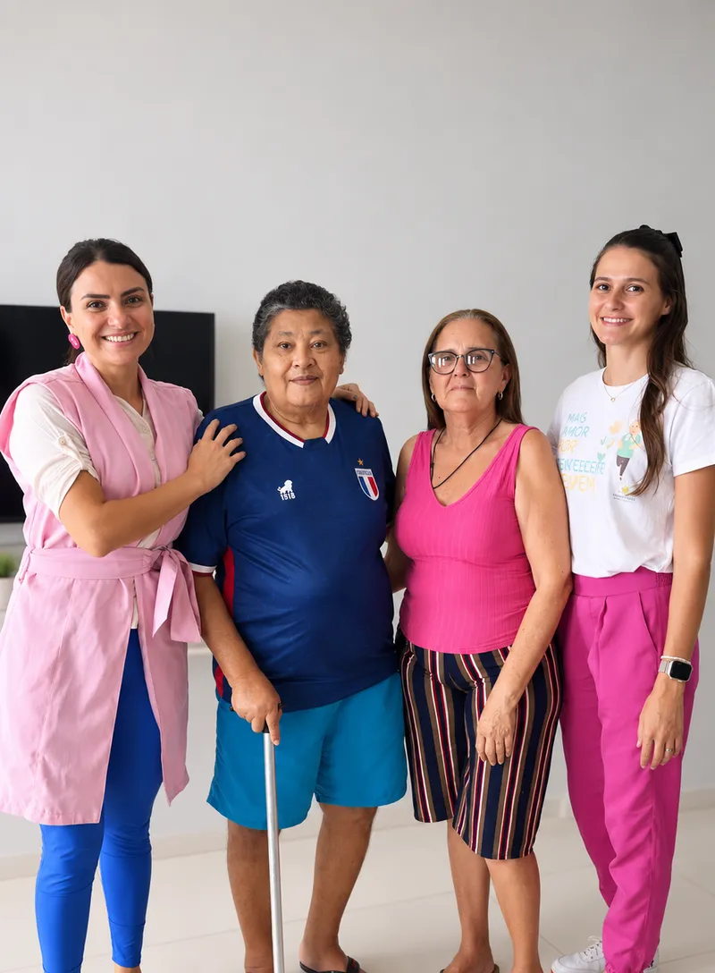 Duas profissionais e duas senhoras sorrindo juntas, uma delas apoiada em bengala.